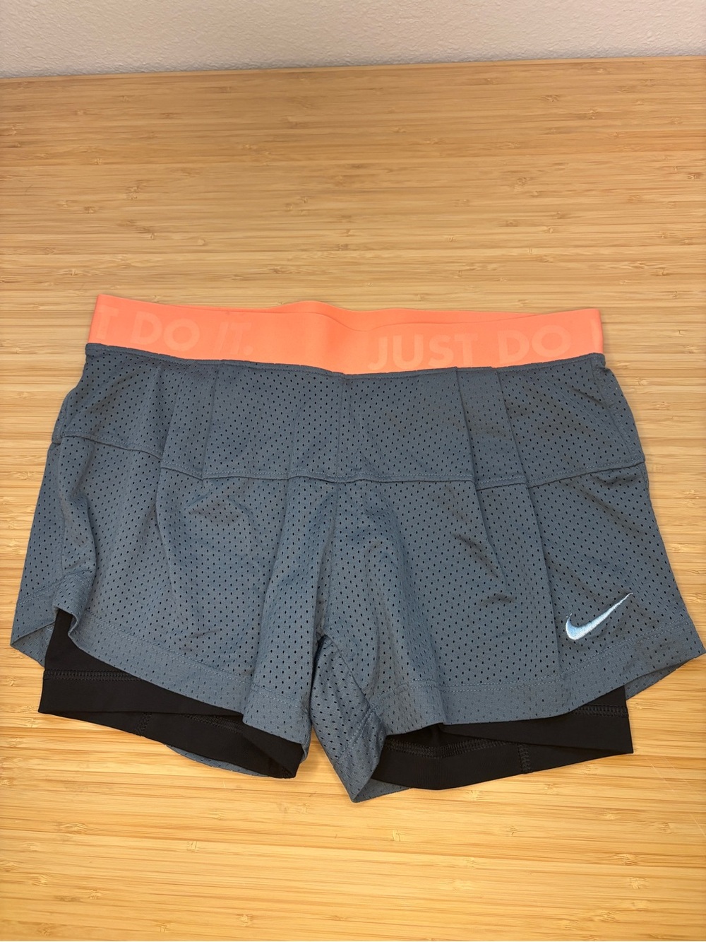 Nike Gray Perforated Layered Running Shorts with Coral Waistband
